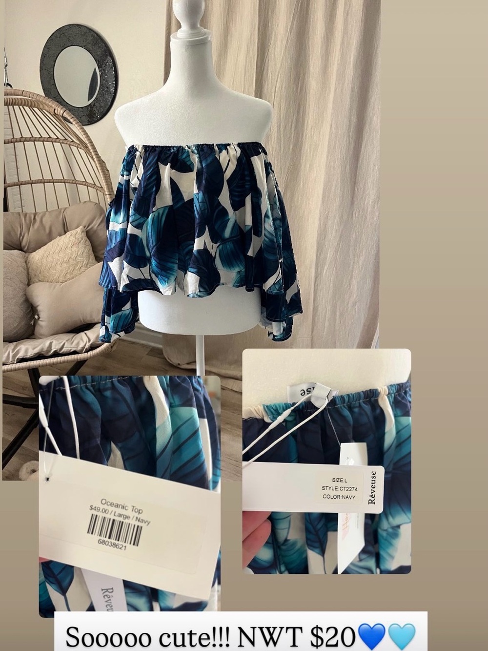 Off shoulder Oceanic top. Navy and blue
